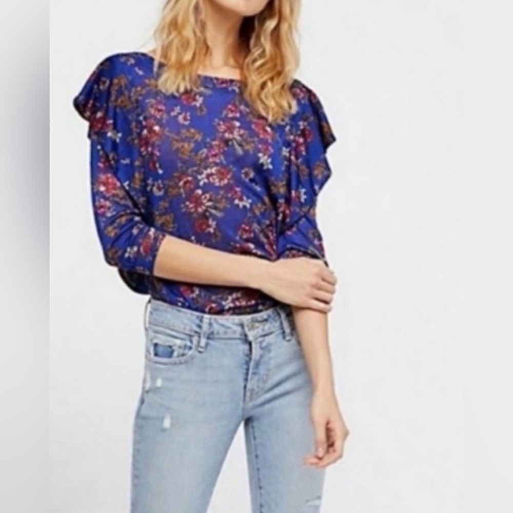 Free People Dock Street Floral Printed Royal Blue Blouse - Size S
